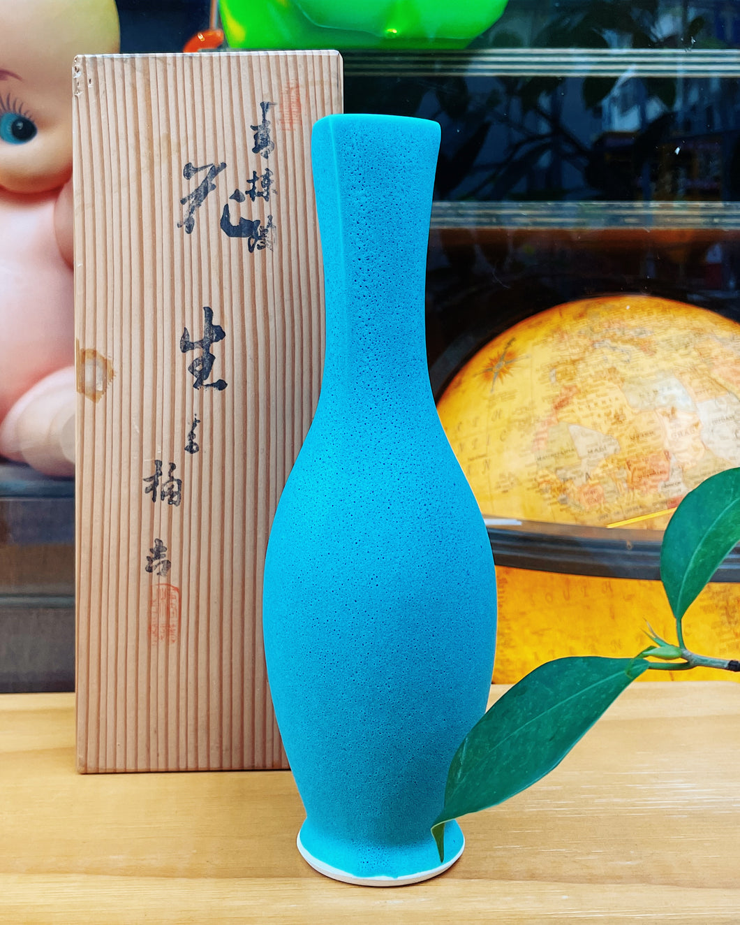 日本製 清水燒 青抹陶角型瓶口花瓶